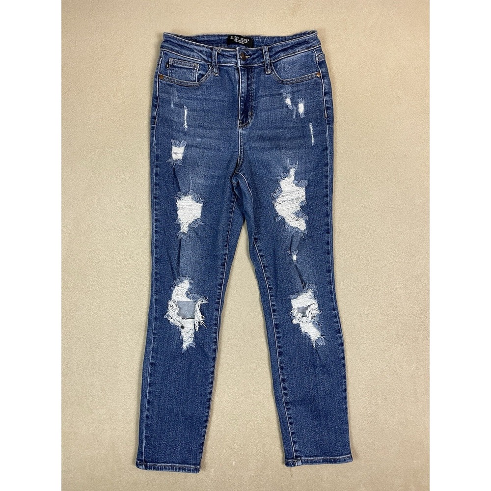 Judy Blue Jeans Women 7/28 JB88220 Blue Distressed High Rise Slim Fit EUC